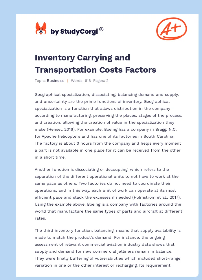 Inventory Carrying and Transportation Costs Factors. Page 1