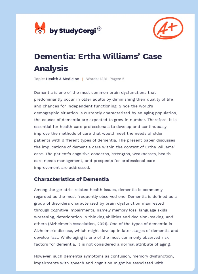Dementia: Ertha Williams’ Case Analysis. Page 1