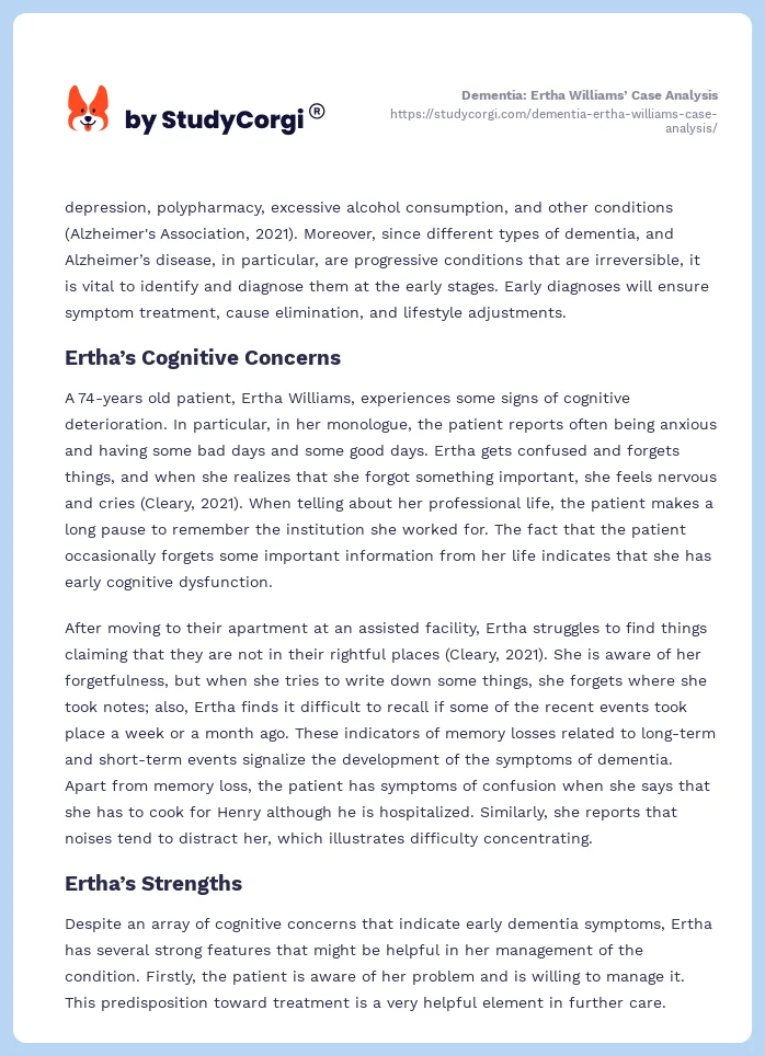 Dementia: Ertha Williams’ Case Analysis. Page 2