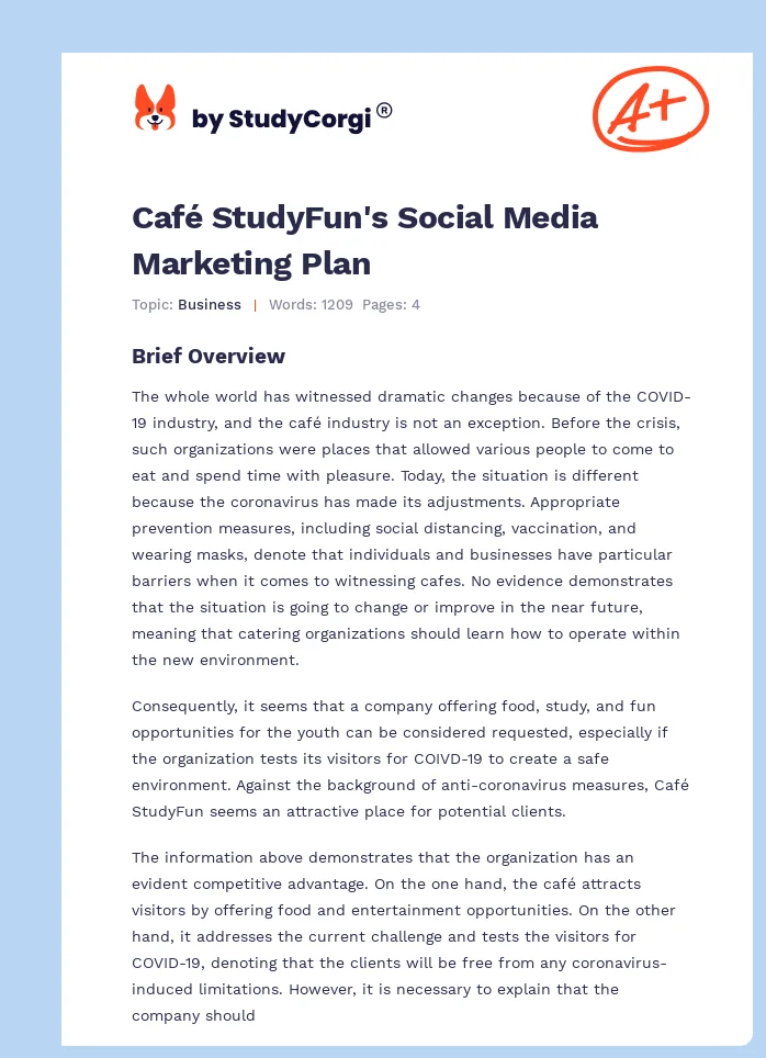 Café StudyFun's Social Media Marketing Plan. Page 1