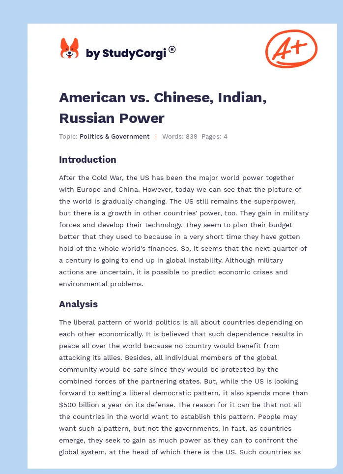 American vs. Chinese, Indian, Russian Power. Page 1