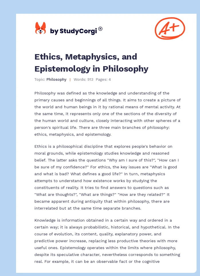 Ethics, Metaphysics, and Epistemology in Philosophy. Page 1