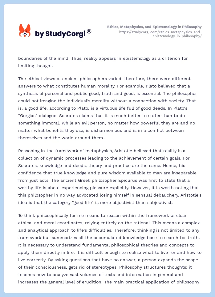 Ethics, Metaphysics, and Epistemology in Philosophy. Page 2
