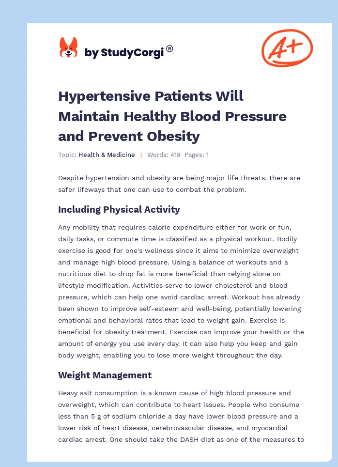 Hypertensive Patients Will Maintain Healthy Blood Pressure and Prevent Obesity. Page 1