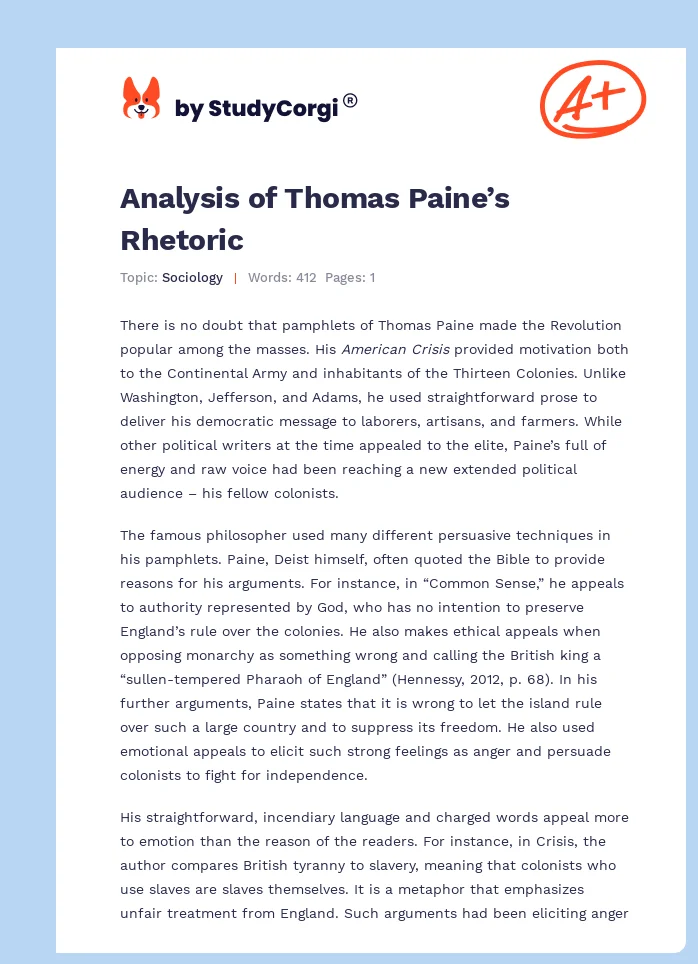 Analysis of Thomas Paine’s Rhetoric. Page 1