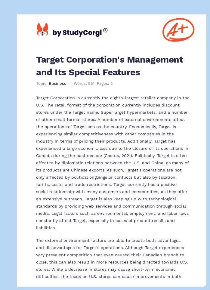 Target Corporation's Management and Its Special Features. Page 1