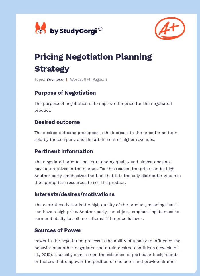 Pricing Negotiation Planning Strategy. Page 1