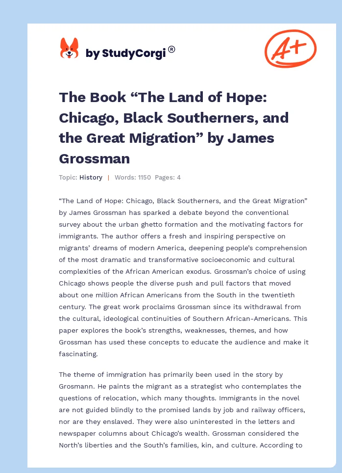 The Book “The Land of Hope: Chicago, Black Southerners, and the Great Migration” by James Grossman. Page 1