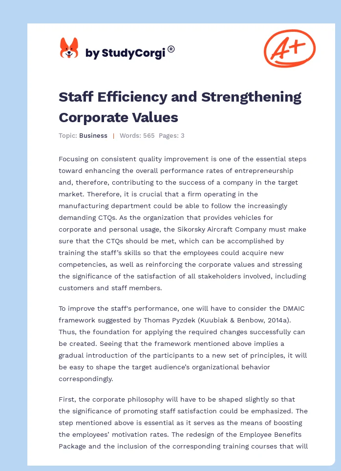 Staff Efficiency and Strengthening Corporate Values. Page 1
