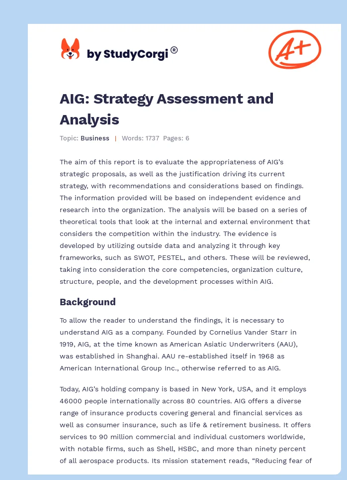 AIG: Strategy Assessment and Analysis. Page 1