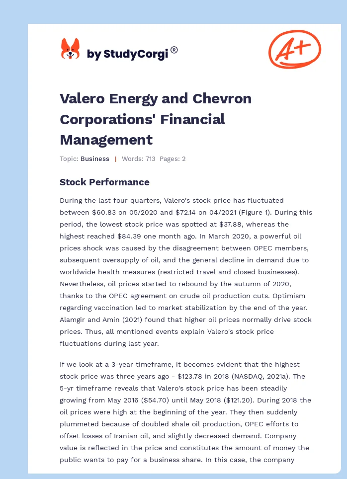 Valero Energy and Chevron Corporations' Financial Management. Page 1