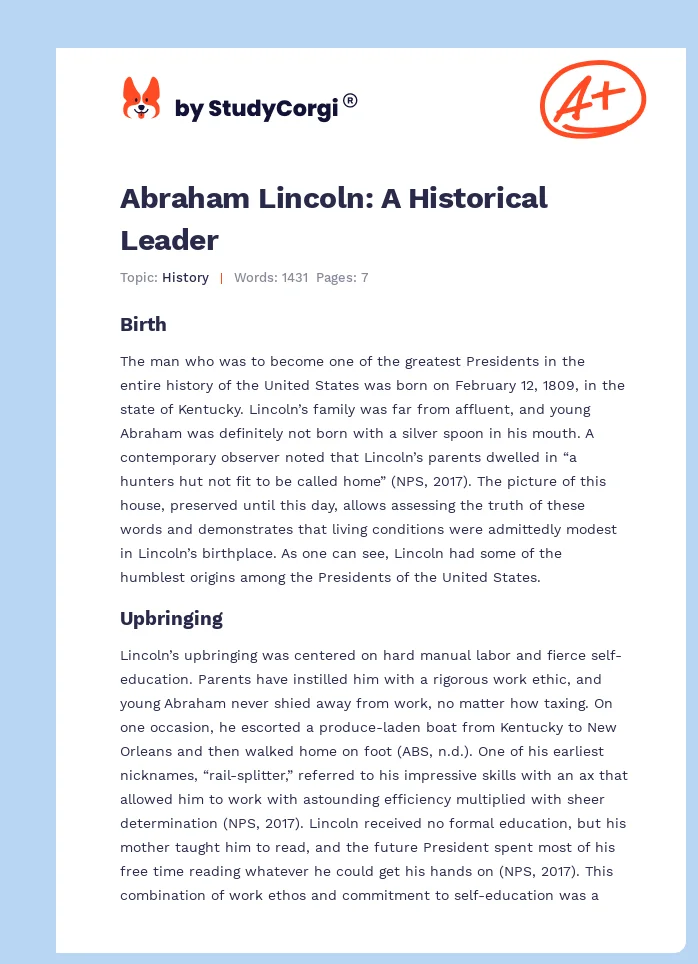 Abraham Lincoln: A Historical Leader. Page 1