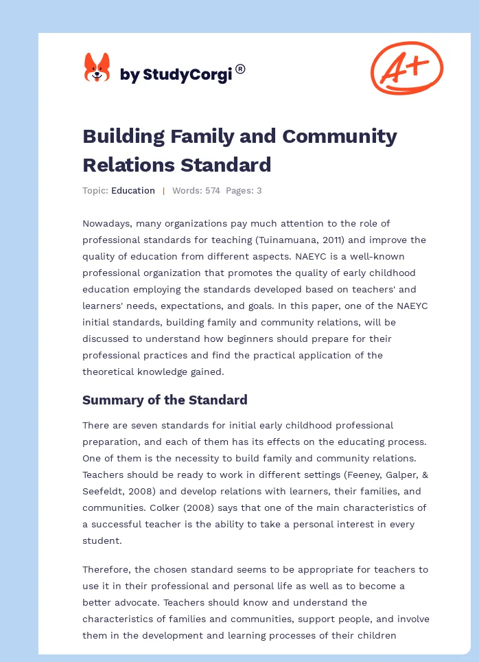 Building Family and Community Relations Standard. Page 1