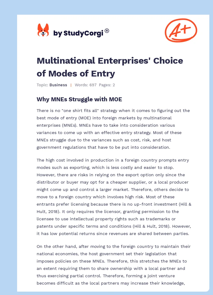Multinational Enterprises' Choice of Modes of Entry. Page 1
