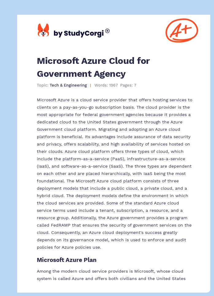 Microsoft Azure Cloud for Government Agency. Page 1