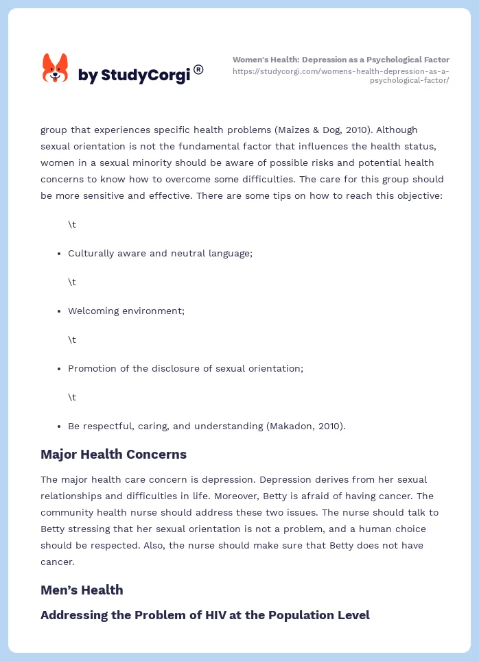 Women's Health: Depression as a Psychological Factor. Page 2