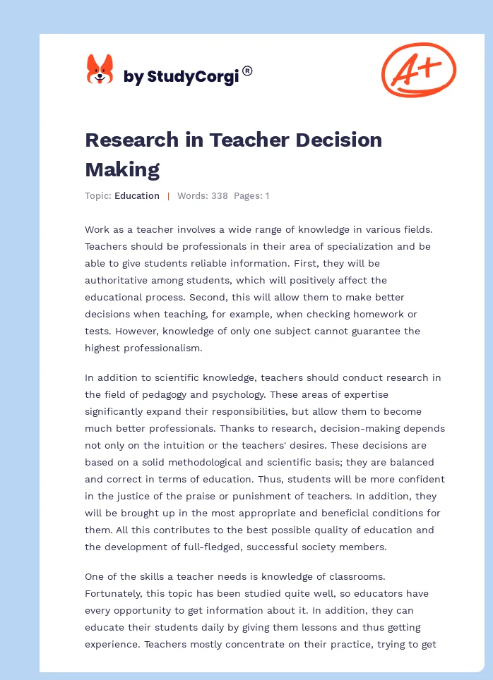 Research in Teacher Decision Making. Page 1
