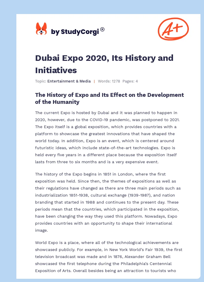 Dubai Expo 2020, Its History and Initiatives. Page 1