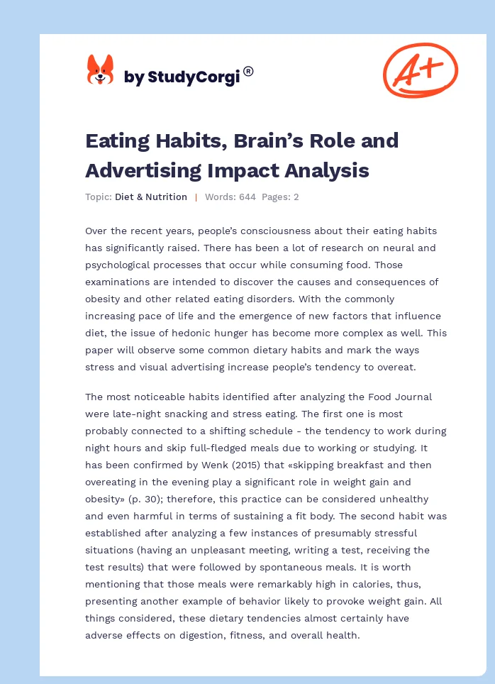 Eating Habits, Brain’s Role and Advertising Impact Analysis. Page 1