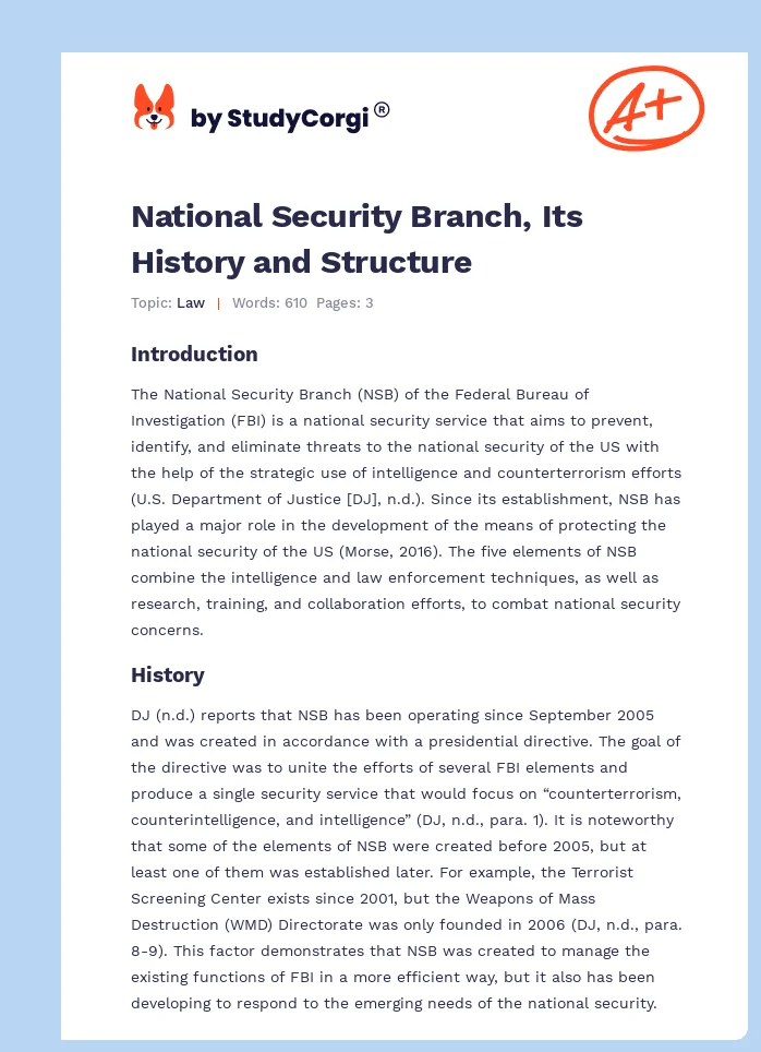 National Security Branch, Its History and Structure. Page 1
