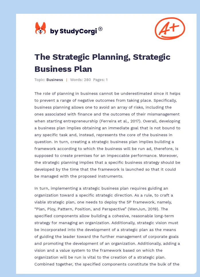 The Strategic Planning, Strategic Business Plan. Page 1