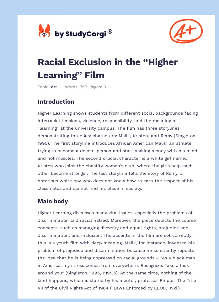 Racial Exclusion in the “Higher Learning” Film. Page 1