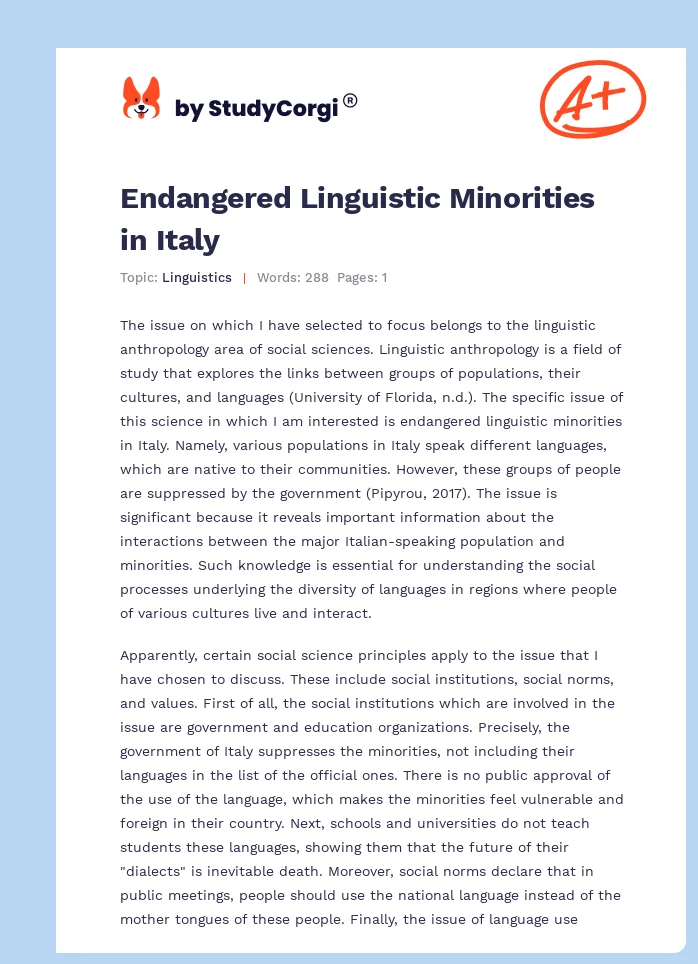 Endangered Linguistic Minorities in Italy. Page 1