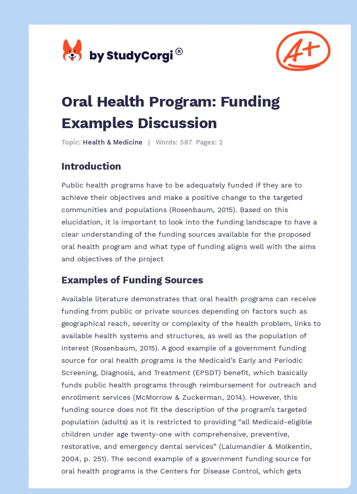Oral Health Program: Funding Examples Discussion. Page 1