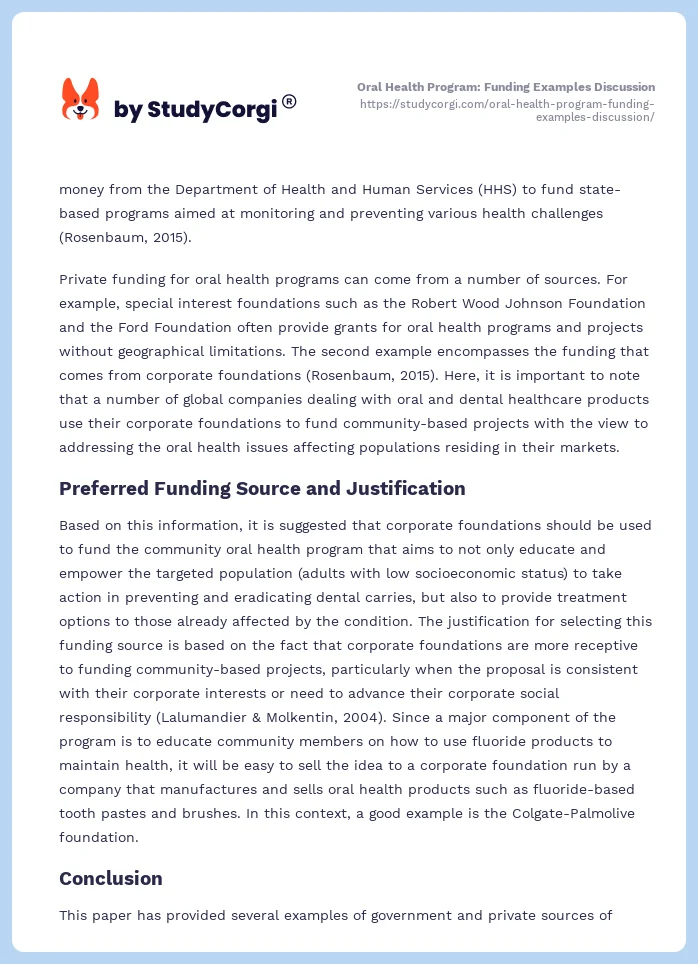 Oral Health Program: Funding Examples Discussion. Page 2