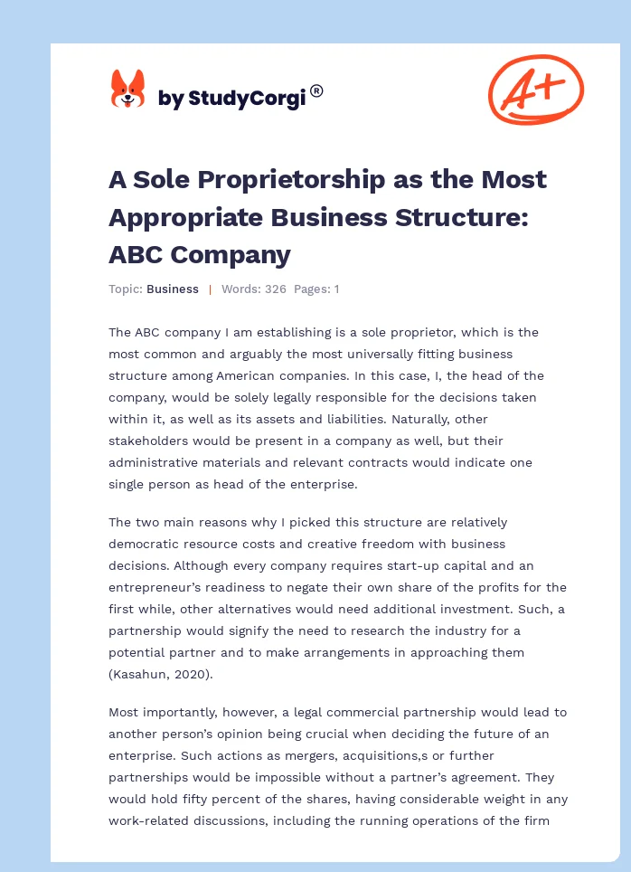 A Sole Proprietorship as the Most Appropriate Business Structure: ABC Company. Page 1