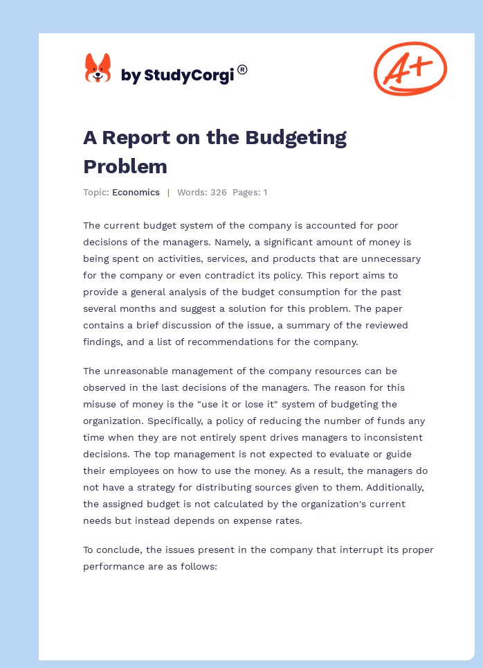 A Report on the Budgeting Problem. Page 1