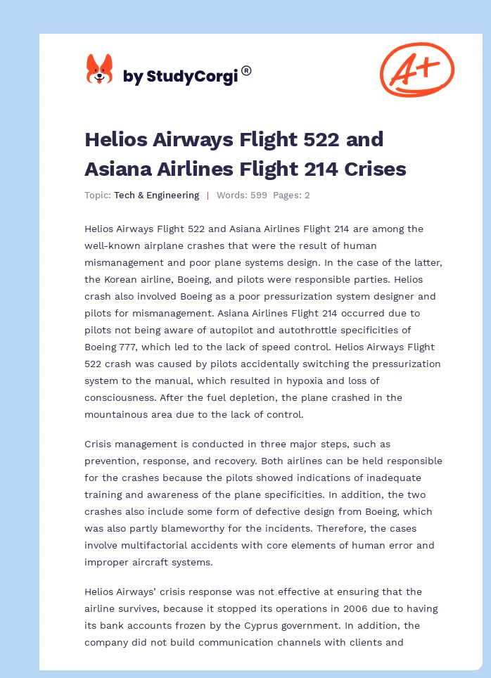 Helios Airways Flight 522 and Asiana Airlines Flight 214 Crises. Page 1