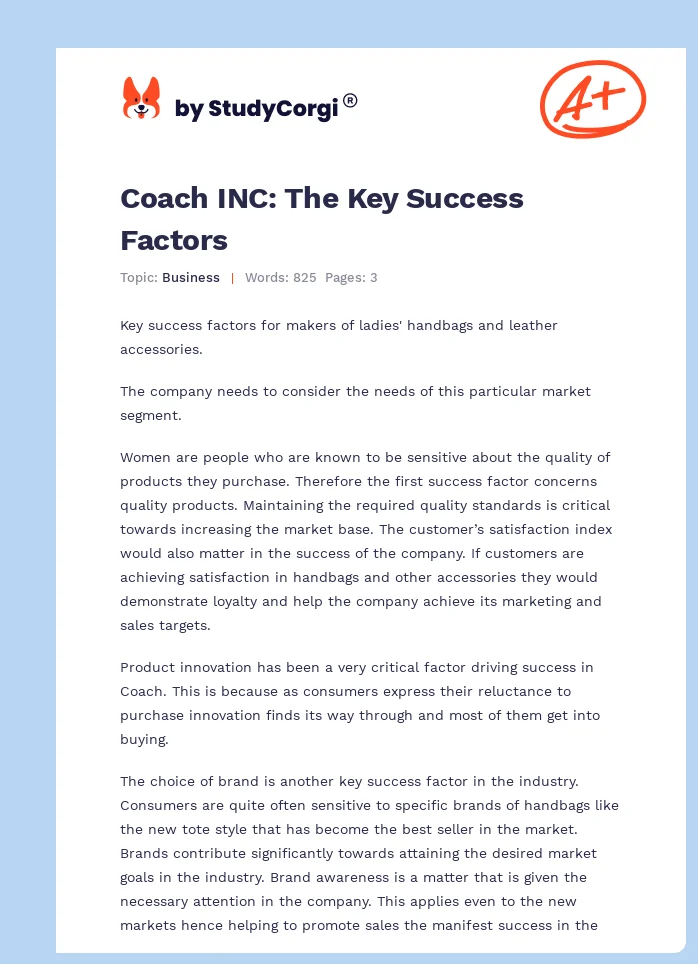 Coach INC: The Key Success Factors. Page 1