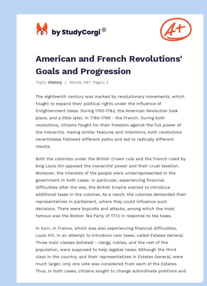 American and French Revolutions' Goals and Progression. Page 1