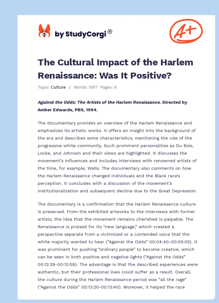 The Cultural Impact of the Harlem Renaissance: Was It Positive?. Page 1