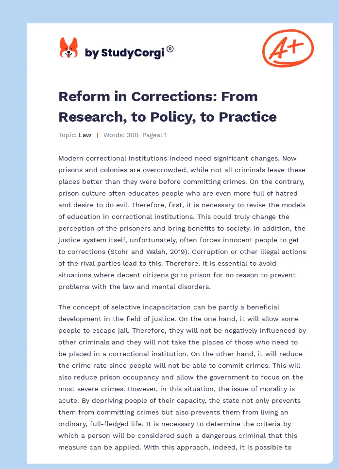 Reform in Corrections: From Research, to Policy, to Practice. Page 1