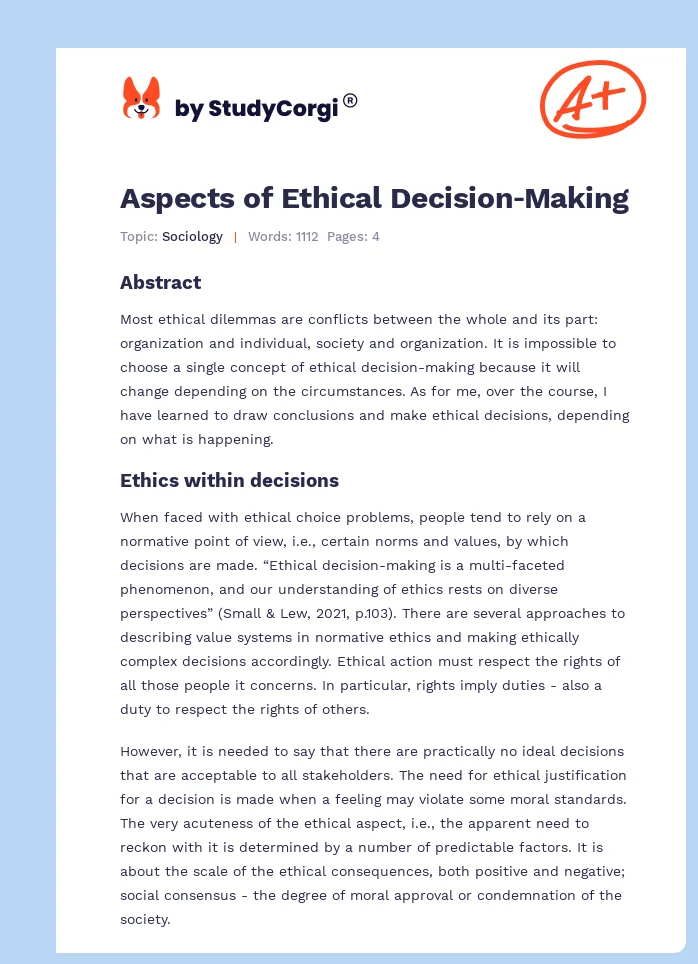 Aspects of Ethical Decision‐Making. Page 1