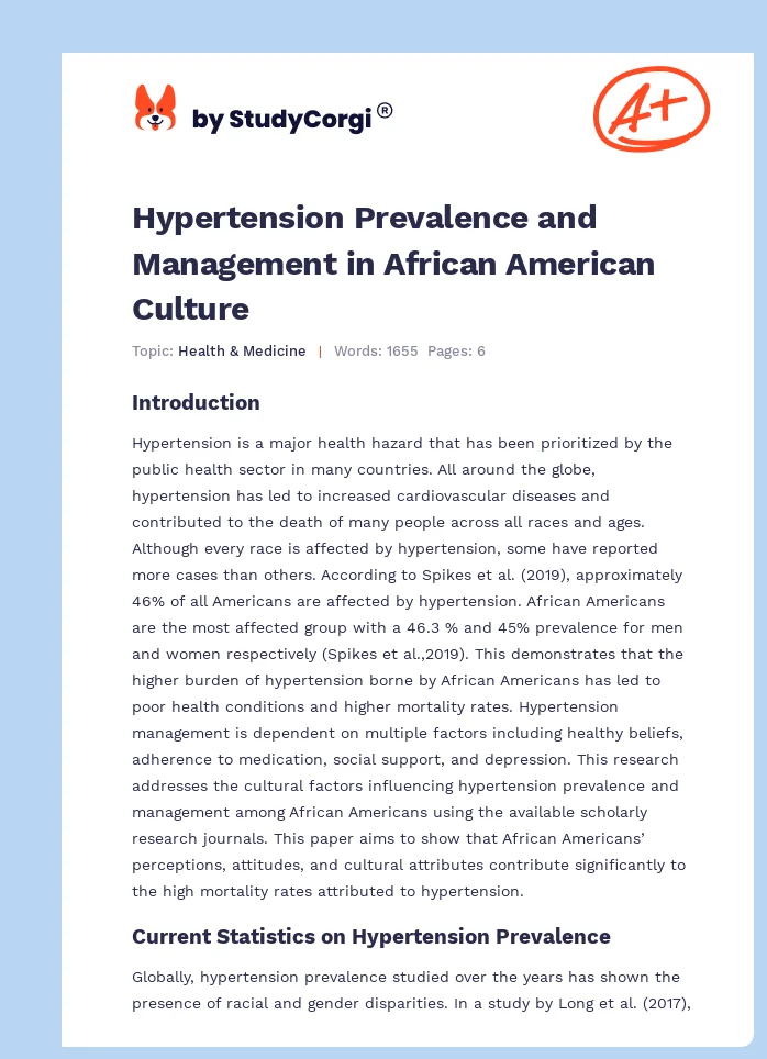Hypertension Prevalence and Management in African American Culture. Page 1