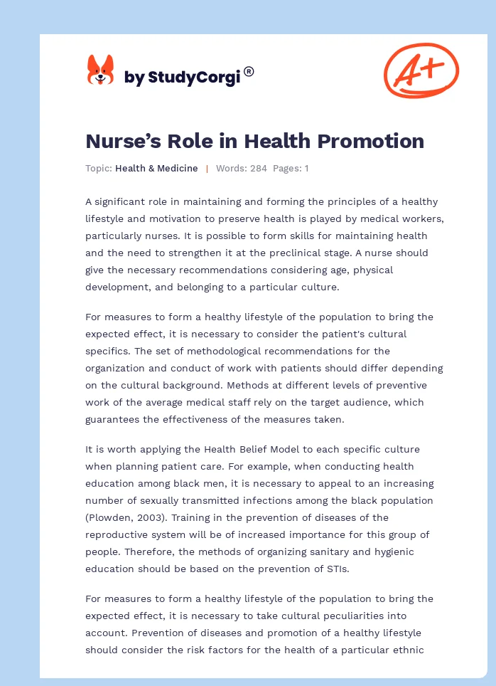 Nurse’s Role in Health Promotion. Page 1