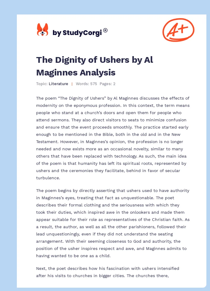 The Dignity of Ushers by Al Maginnes Analysis. Page 1