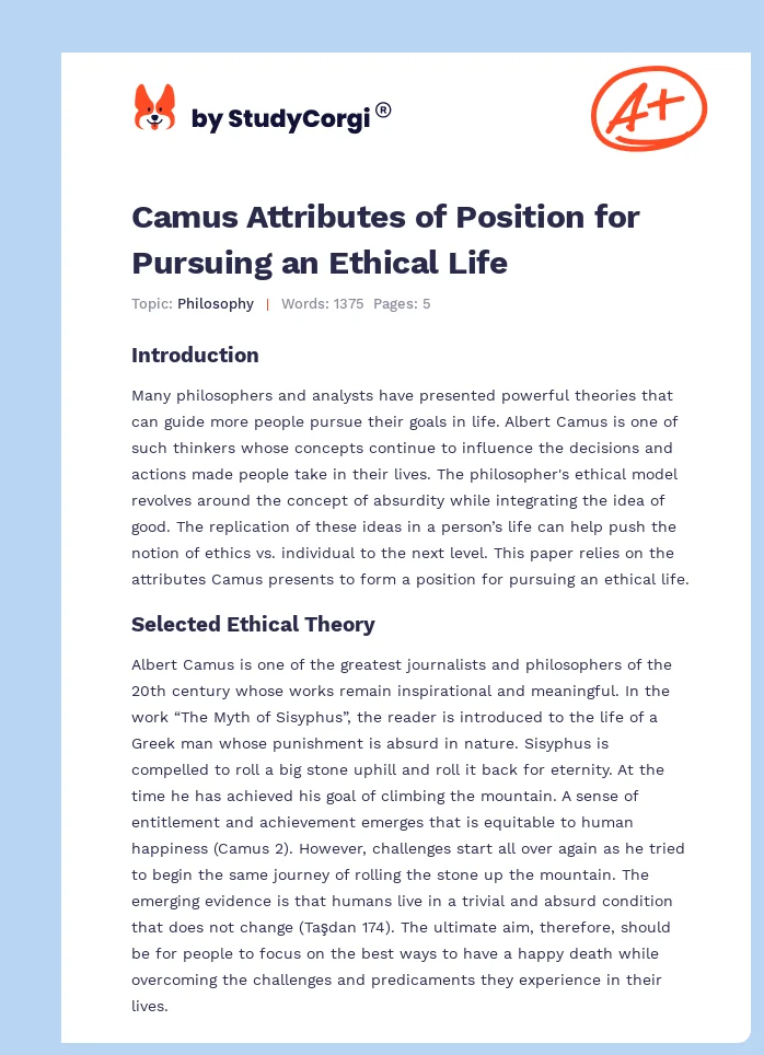Camus Attributes of Position for Pursuing an Ethical Life. Page 1