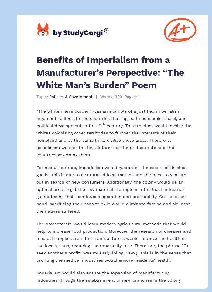 Benefits of Imperialism from a Manufacturer’s Perspective: “The White Man’s Burden” Poem. Page 1