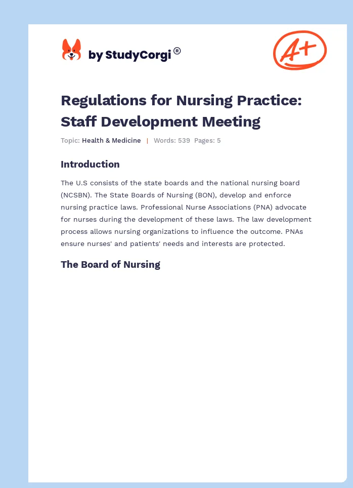 Regulations for Nursing Practice: Staff Development Meeting. Page 1