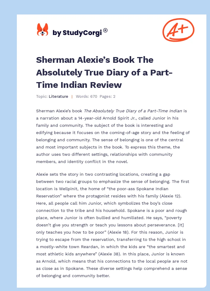 Sherman Alexie’s Book The Absolutely True Diary of a Part-Time Indian Review. Page 1