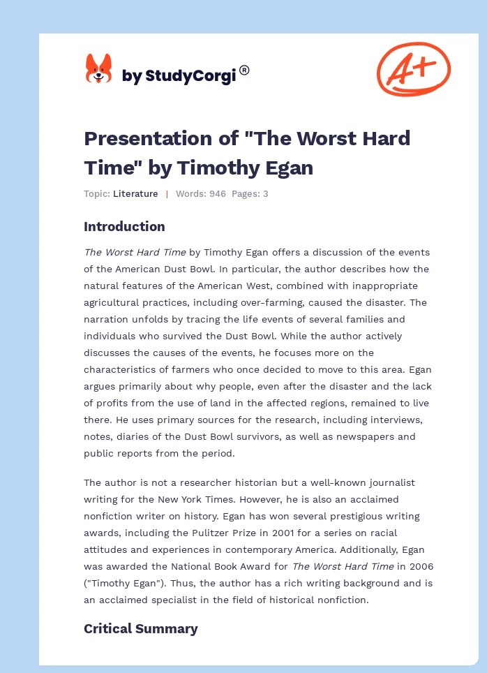 Presentation of "The Worst Hard Time" by Timothy Egan. Page 1