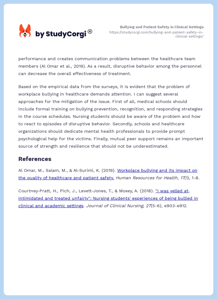 Bullying and Patient Safety in Clinical Settings. Page 2