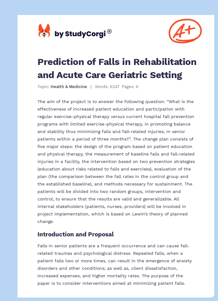 Prediction of Falls in Rehabilitation and Acute Care Geriatric Setting. Page 1