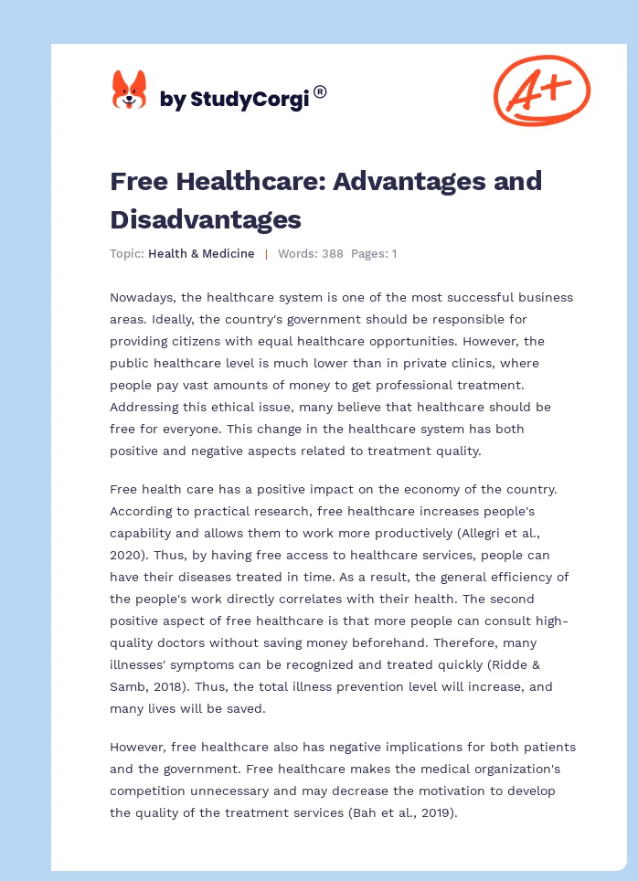 Free Healthcare: Advantages and Disadvantages. Page 1