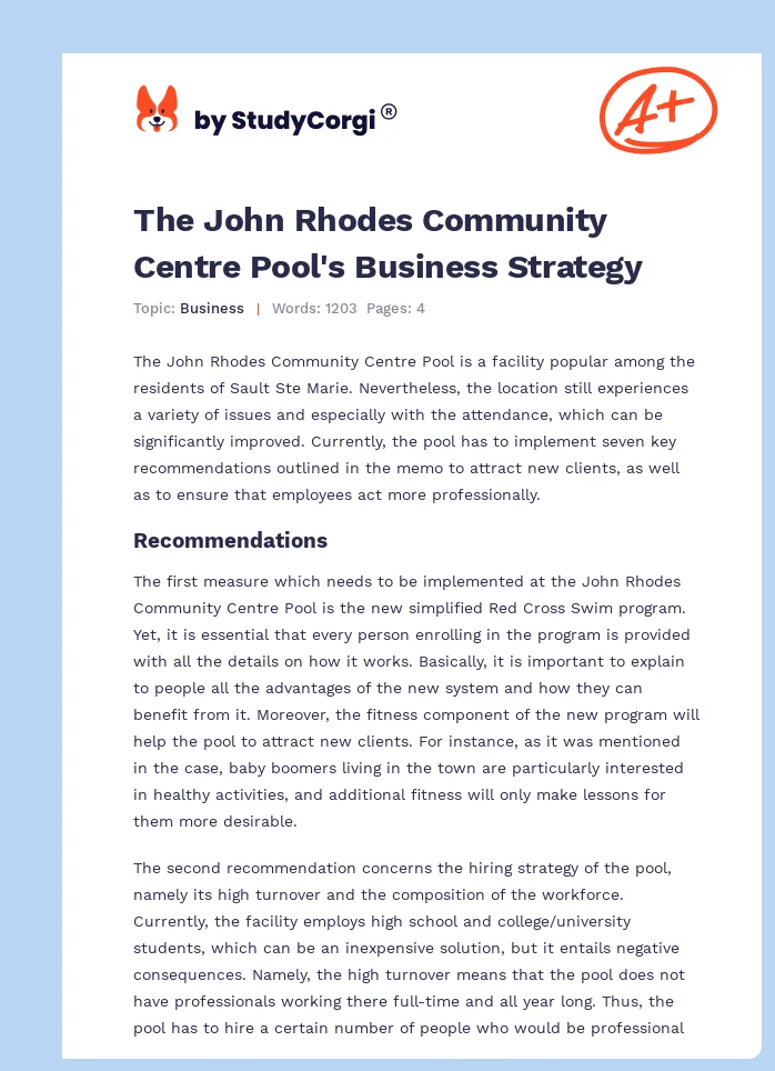 The John Rhodes Community Centre Pool's Business Strategy. Page 1