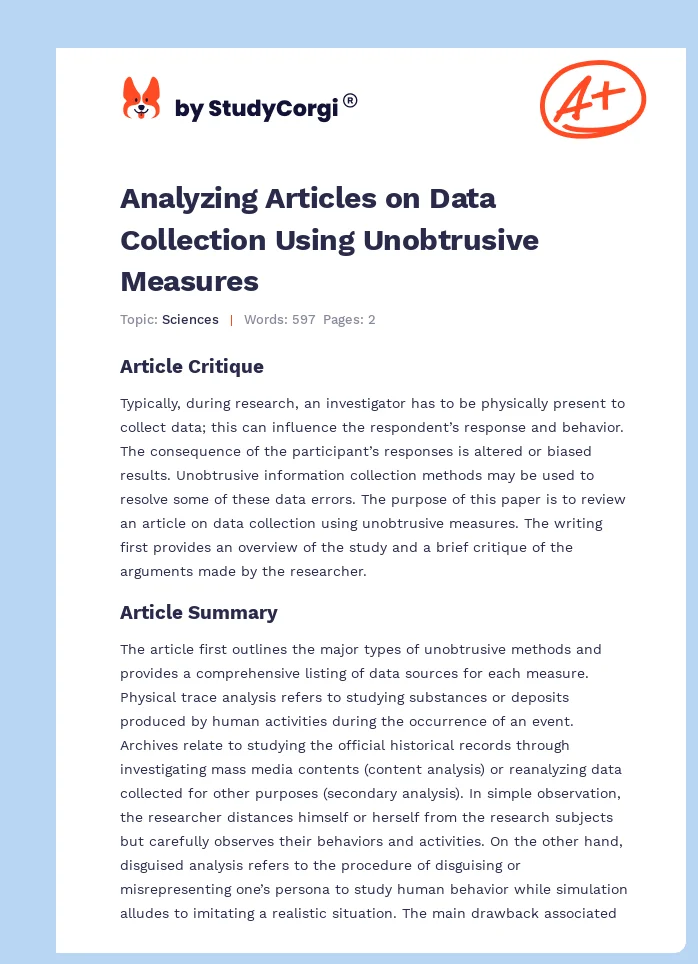 Analyzing Articles on Data Collection Using Unobtrusive Measures. Page 1